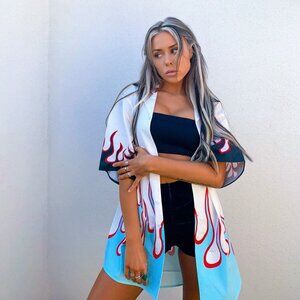 Flame Print Oversized Button Up Shirt NWOT